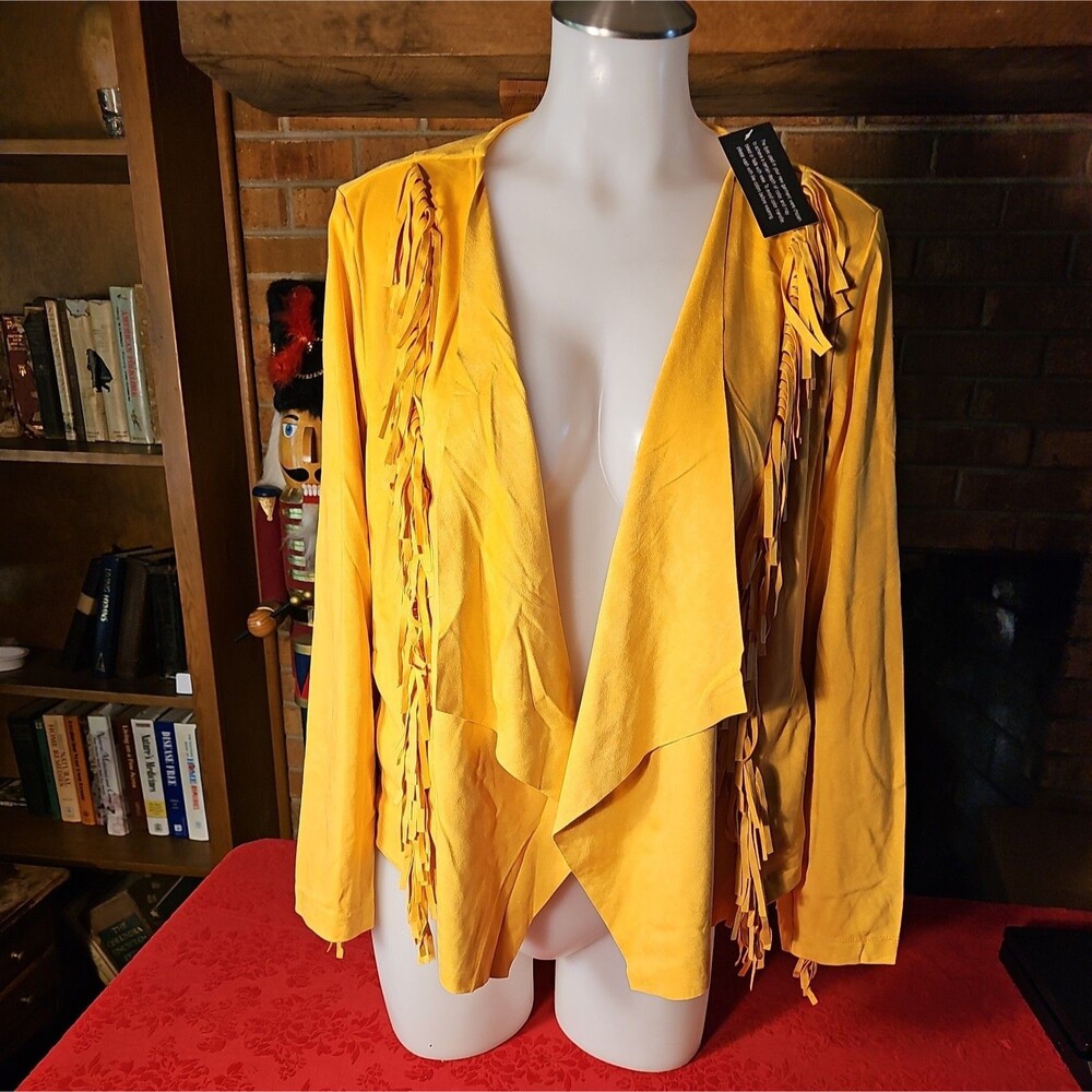 NWT Colleen Lopez Faux Suede Fringe Jacket Honey Gold Pockets Western size med